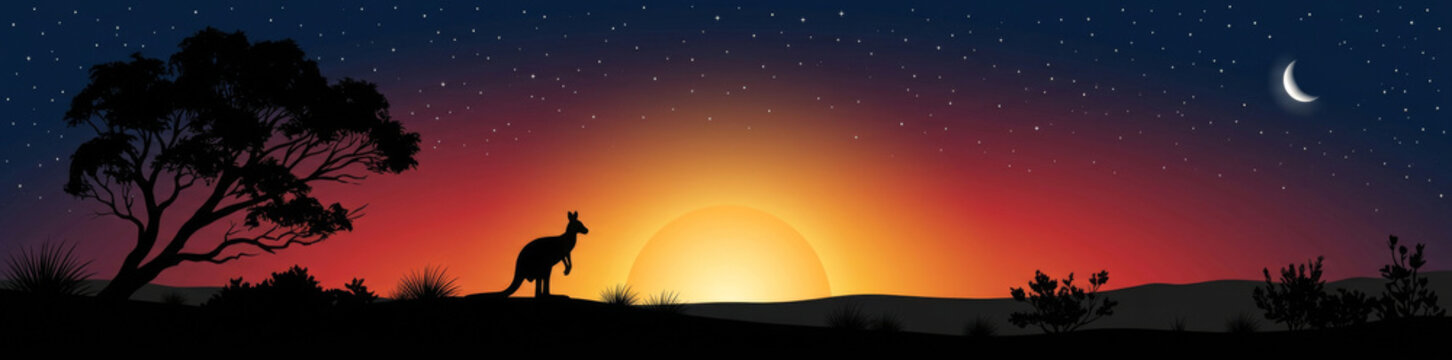 Kangaroo silhouette standing in the Australian outback under a sunset sky with a crescent moon and stars in the desert landscape background