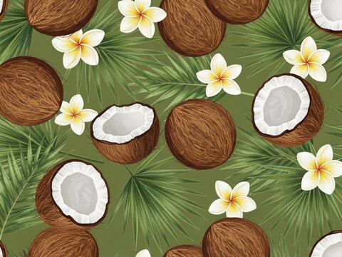 Tropical seamless pattern of whole and halved coconuts with palm leaves and plumeria flowers