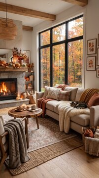 Cozy living room decorated for autumn with a roaring fireplace, comfortable sectional sofa adorned with warm throws and cushions, and a large window offering a view of colorful fall foliage.