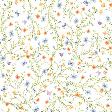 Little flowers and butterflies watercolor ditsy seamless pattern isolated. Hand drawn blooms on stems rustic print for fabric, wallpaper. Cute floral meadow repeat background with small flowers.