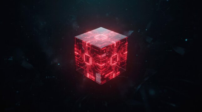 A glowing red futuristic cube floating in dark space with digital circuit patterns and light particles surrounding the object