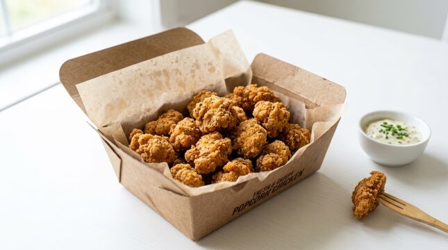 Golden brown fried chicken pieces in a paper takeout container with sauce.
