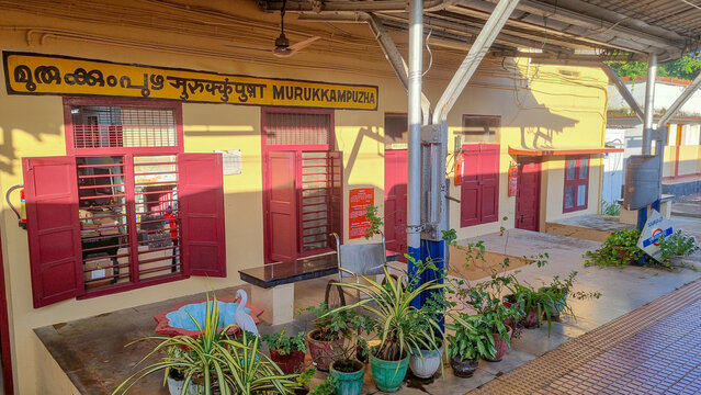 Murukkampuzha, Kerala, India &ndash; July 25, 2026: The historic station building at Murukkampuzha railway station showcases multilingual signage, classic railway architecture, neatly maintained platform