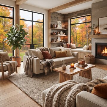 A cozy living room decorated in warm autumn colors, featuring a crackling fireplace, plush sofas, and large windows overlooking a vibrant fall forest, creating an inviting and comfortable atmosphere.