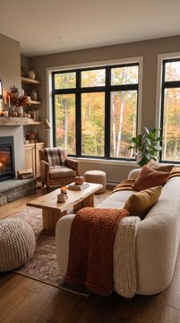 A cozy living room with a stone fireplace and large windows framing an autumnal forest view, adorned with warm, earthy decor and plush furnishings, creating a serene and inviting ambiance.