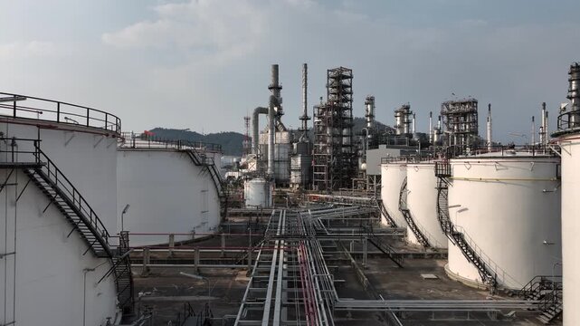 Aerial view oil and gas refinery petrochemical storage tank and pipeline steel, Oil and gas transportation system pipeline steel at oil and gas refinery industry chemical plant, Pipeline oil and gas.