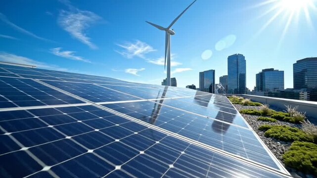 Renewable Energy Solar Panels and Wind Turbines in Urban Environment.