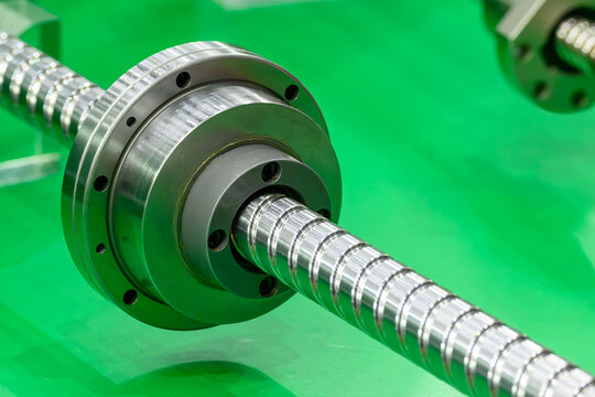 Close up view of precision lead ball screw set for CNC machine linear drive system