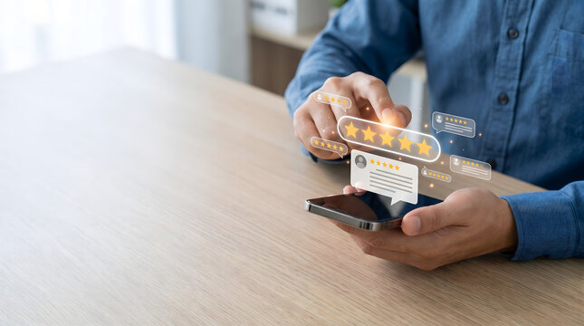 Person using smartphone with floating five star customer review and rating holograms, online feedback concept, Customer satisfaction and online reputation management concept.