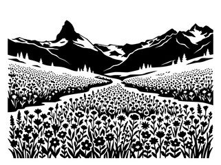 Fototapeta premium Black and white mountain landscape with wildflower meadow stencil illustration