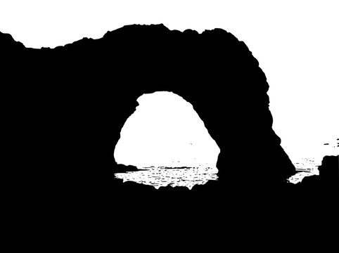Black and white silhouette of a natural coastal rock arch