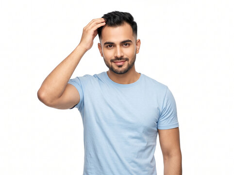young indian man gently touching his receding hairline with a confident smile isolated on white background for hair loss awareness dermatology and hair restoration concepts