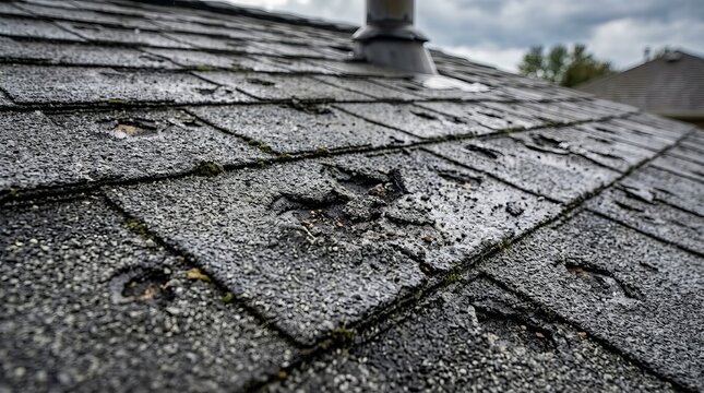 Hail damage to asphalt shingles on a residential roof after a storm