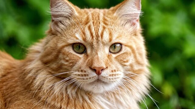 A Captivating Look at a Regal Ginger Cat with Lush Fur and Striking Green Eyes, Posing Gracefully Against a Soft Green Background