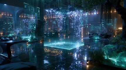 Obraz premium Modern technology space with digital screens and glowing effects in a futuristic setting at night