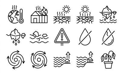 Fototapeta premium Black and white vector icon set of climate change global warming drought melting ice and warning symbols for environmental awareness and educational materials on white background
