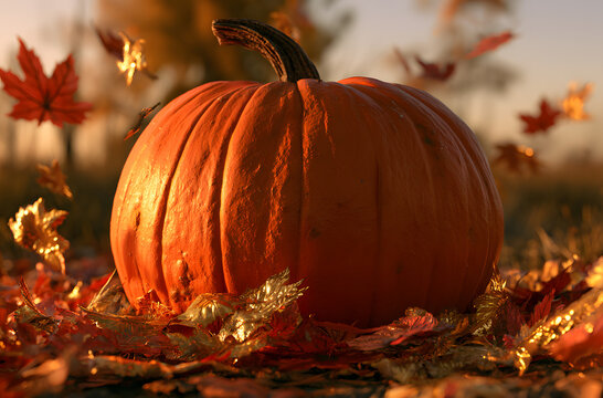 A large orange pumpkin against a backdrop of falling leaves at sunset