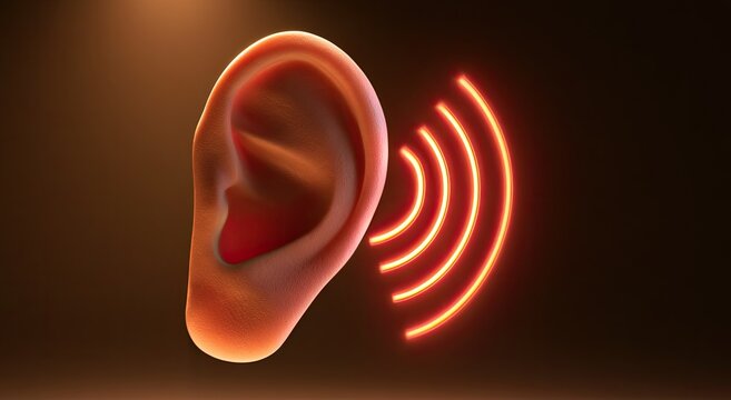 A realistic human ear with glowing sound waves emanating from it