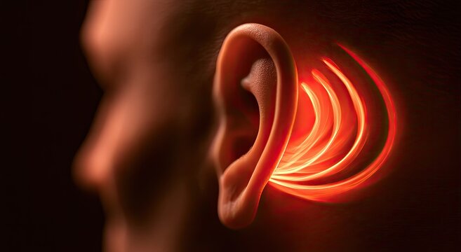 Close-up of a human ear with glowing, radiating sound waves