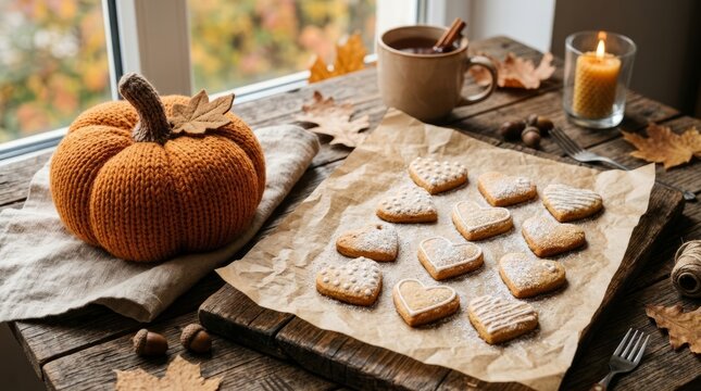 Autumn harvest pumpkin and freshly baked gingerbread cookies on wooden table.