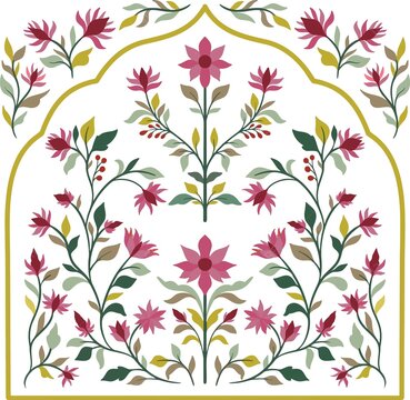 Traditional mughal style floral archway illustration with pink flowers, heritage