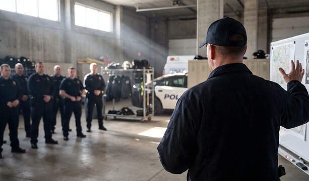 Police Officers Receiving Briefing During Training Session in Station