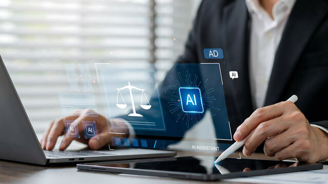 Lawyer using AI technology for legal research. Attorney working with digital law icons.