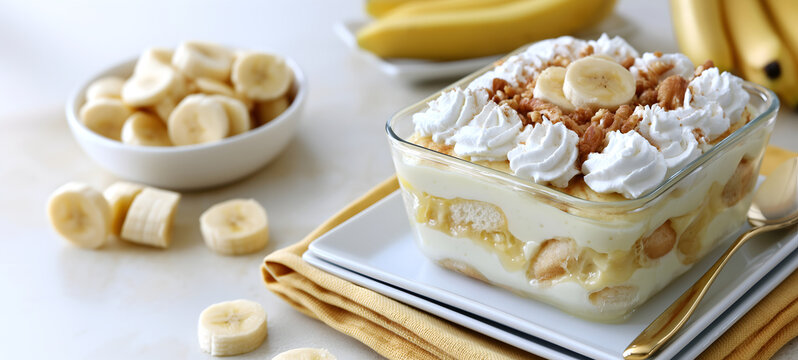 Creative food template. Banana fruit pudding with whipped cream and walnut on yellow linen cloth golden spoon, white marble table. copy text space. Long banner