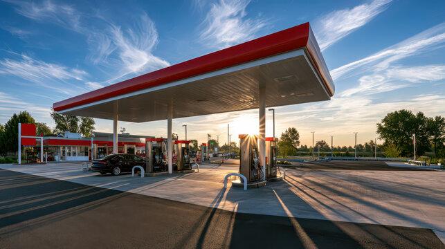 Modern gas station convenience store, fuel service and roadside travel concept. Gas station convenience store with fuel pumps and modern architecture under a clear blue sky at sunset
