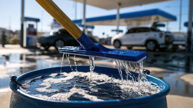 Modern gas station convenience store, fuel service and roadside travel concept. Blue squeegee in water barrel at gas station convenience store with vehicles and fuel pumps in background