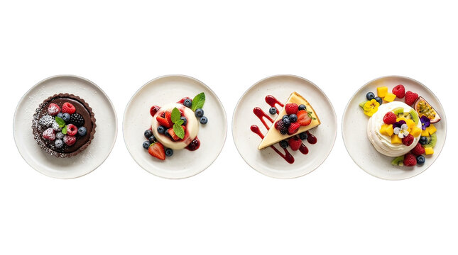 Top view of four delicious gourmet dessert plates featuring chocolate tart cheesecake and fruit cakes isolated on transparent background