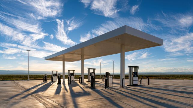 Modern gas station convenience store, fuel service and roadside travel concept. Modern gas station with fuel pumps under a large canopy against a clear blue sky in a rural setting