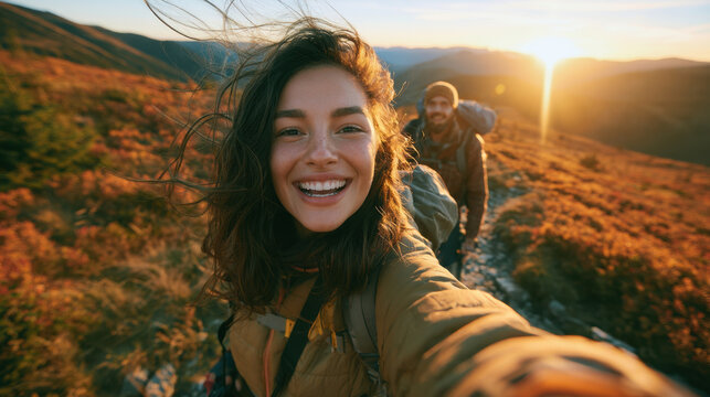 Young hikers taking a joyful sunset selfie on a mountain trail during autumn adventure