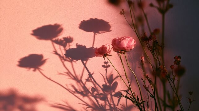 Soft pink flowers casting dramatic shadows on a pastel wall in warm golden light