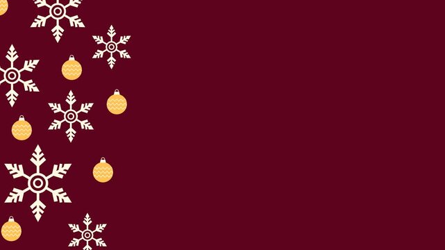 Seamless looping background animation of swaying snowflakes and baubles in side areas with wide maroon burgundy text copy space area. Flat style holiday frame banner backdrop design concept