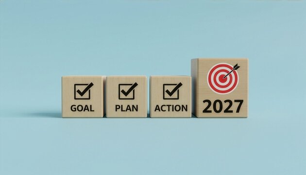 Wooden blocks showing goal, plan, and action text with check marks next to a larger target cube with the year 2027, representing business strategy and new year planning on a blue background