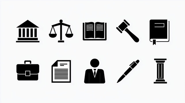 Set of Ten Essential Legal and Judicial Icons Representing Law and Justice System Symbols