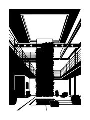Minimalist Black and White Architectural Interior Illustration with Vertical Garden © Ratmi