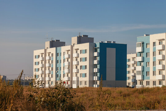The facade of a residential high-rise buildings in Volgar, Samara, Russia