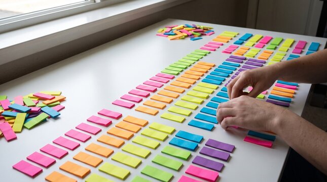 Person organizing colorful paper tabs on a desk. Sticky notes arranged for project planning.