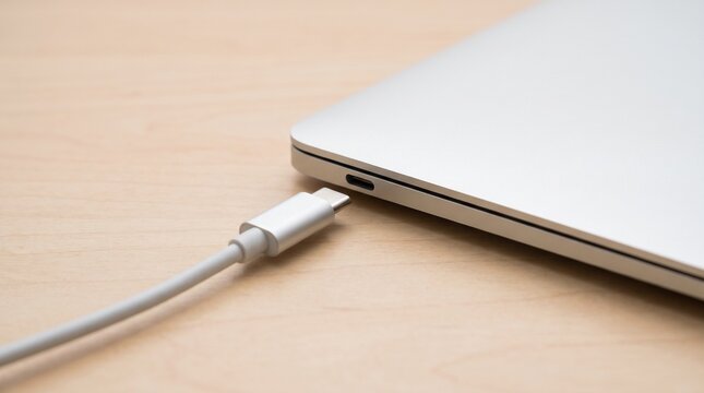 USB-C cable connecting to a laptop. Charging device with modern computer hardware.