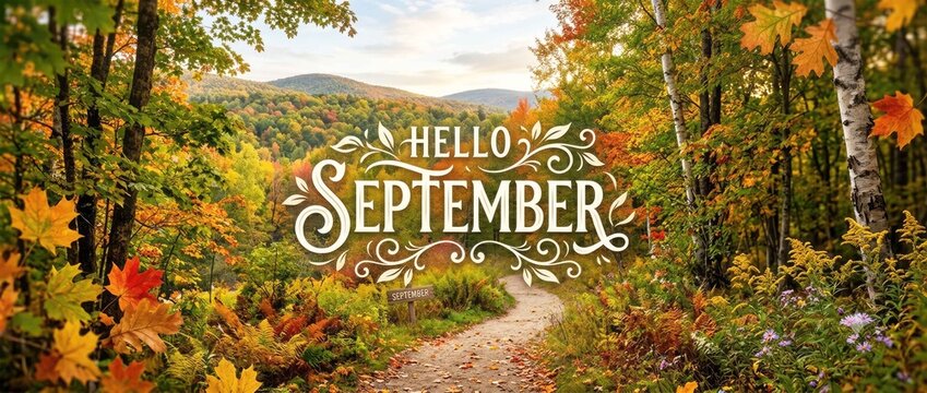 Hello September text over autumn forest path with colorful fall foliage and hills. Seasonal greeting concept.