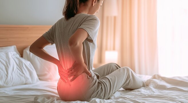 Woman experiencing lower back pain while sitting on a bed