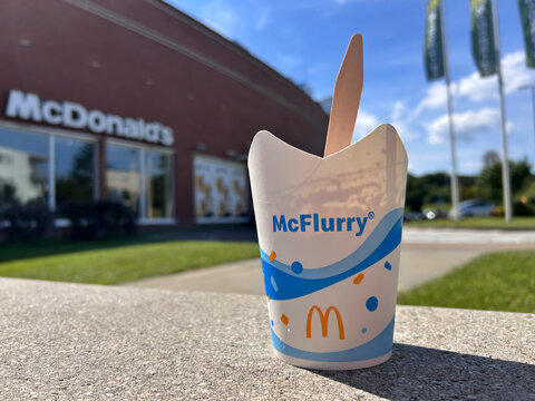 McDonald's McFlurry ice cream placed outdoors in front of a McDonald's restaurant on a sunny day in Gdynia, Poland August 3, 2026