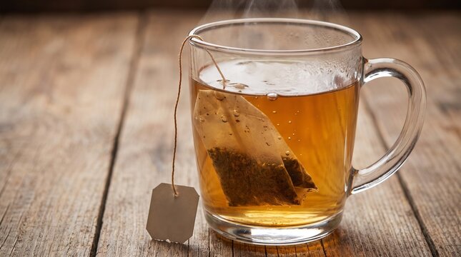 Steaming cup of hot tea with a tea bag. Freshly brewed herbal beverage on wooden table.