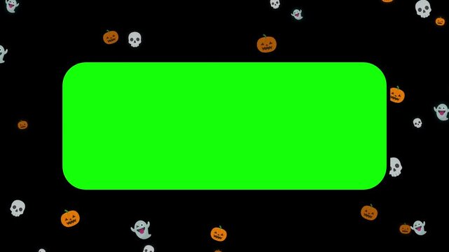 Smooth falling Halloween elements animation on a black background with a central green screen chroma key video template featuring cute pumpkins, ghosts and skulls for spooky seasonal projects