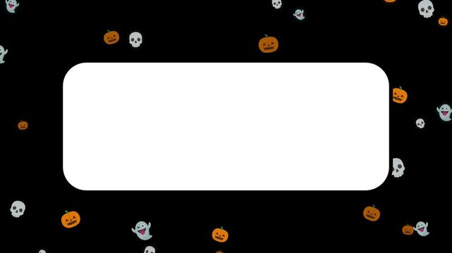 falling Halloween elements animation on a black background with a central blank white rounded rectangle for copy space. Cute spooky pumpkins, ghosts and skulls template concept