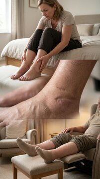 Puffy lower limb: painful swelling, sore leg, dent skin, fluid retention, venous insufficiency, circulatory disorder, senior patient, ankle inflammation, heavy pressure.