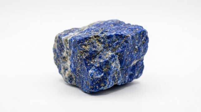 Rough textured deep blue lapis lazuli mineral stone specimen on white background.