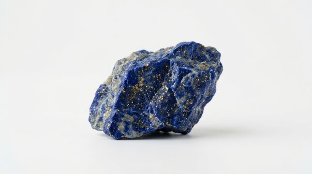 Close-up view of a raw natural lapis lazuli mineral specimen on white background.